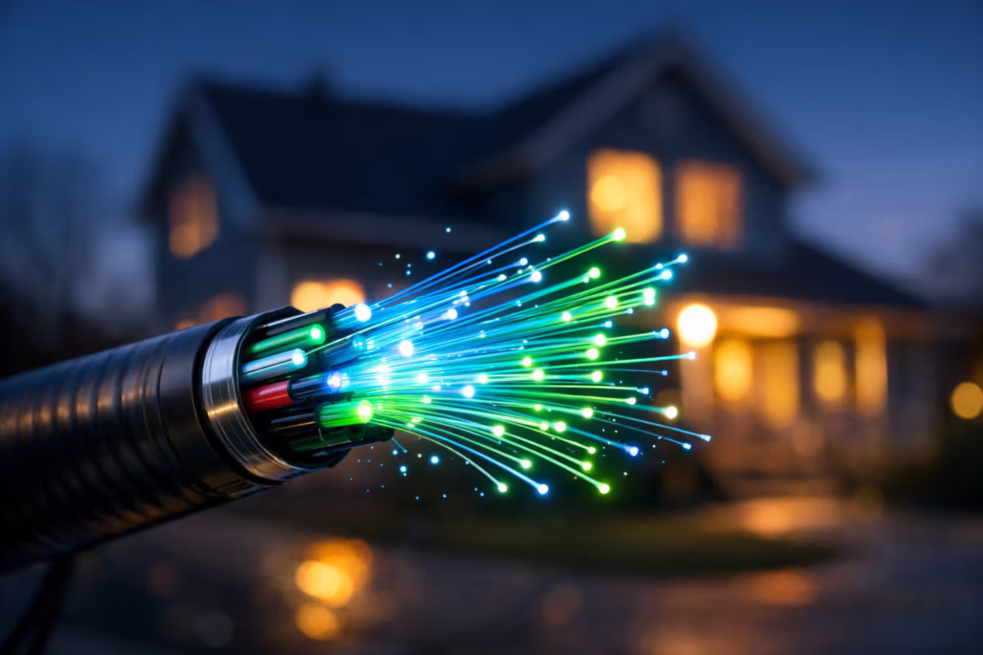Glowing blue and green fiber-optic cable strands emerging from a connector with a blurred suburban house in the background at dusk