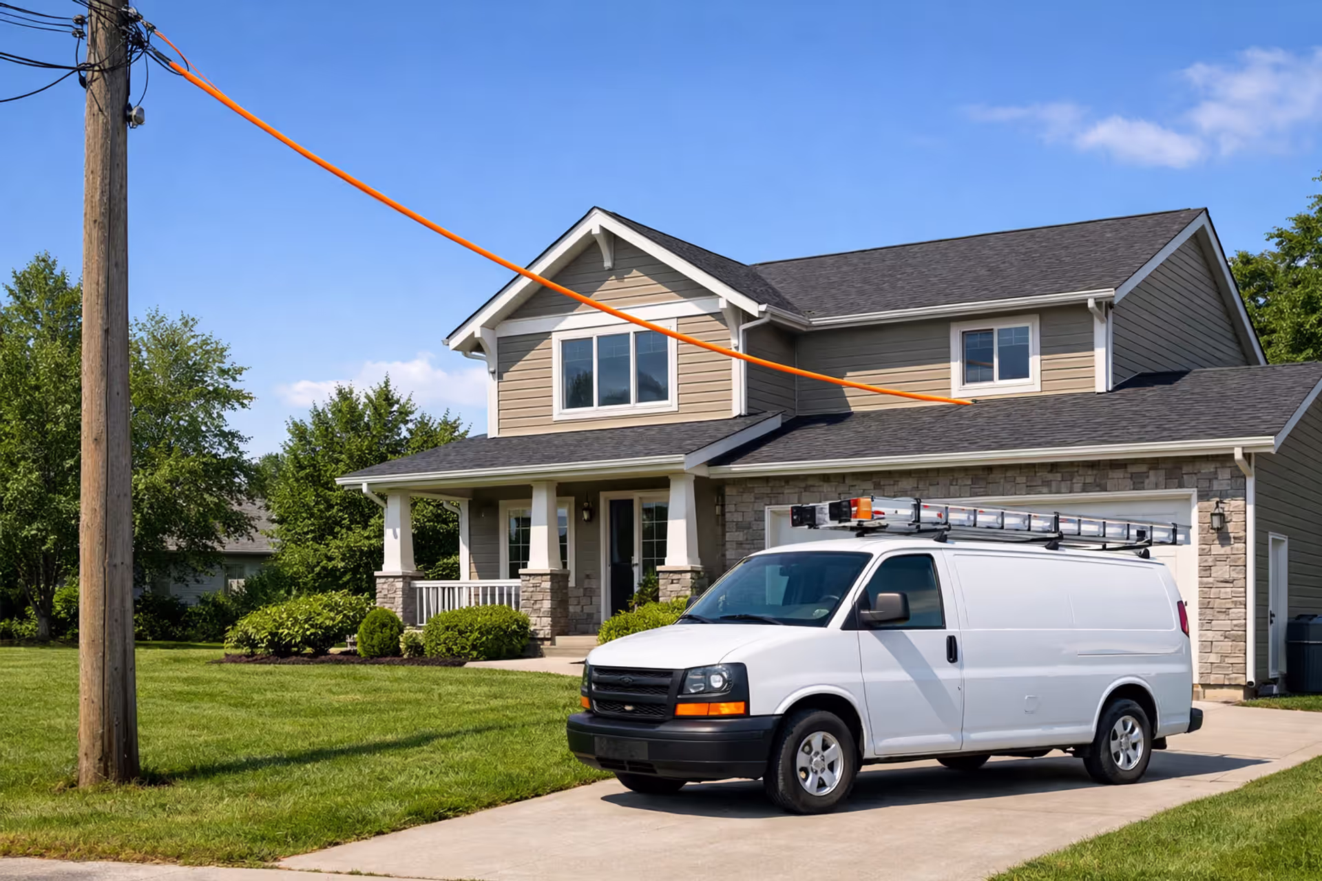 Fiber optic cable being installed from a utility pole to a suburban house with a service van parked nearby on a sunny day