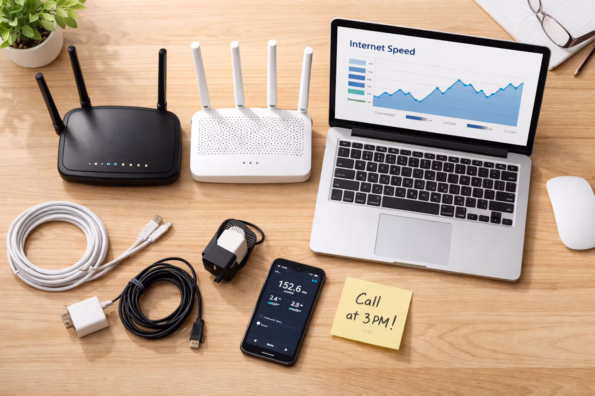 Top-down view of a home office desk with two Wi-Fi routers, a laptop showing a speed test, a smartphone, cables, and a sticky note, representing the process of switching internet providers