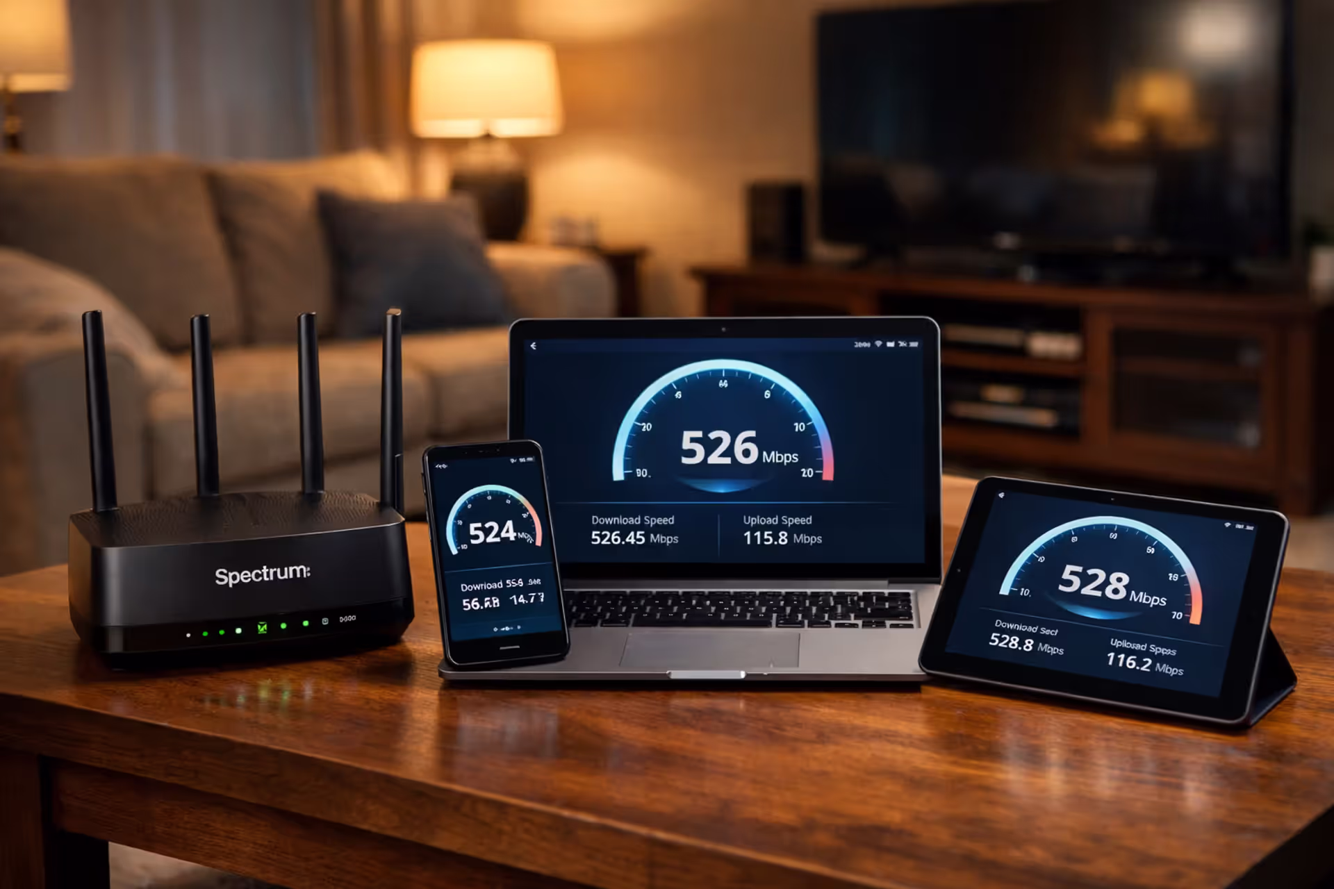 Modern Spectrum Wi-Fi router on a desk in an American living room with laptop smartphone and tablet showing internet speed indicators
