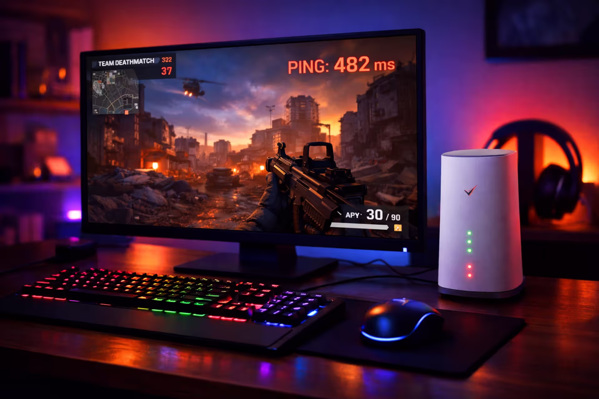 Gaming setup with Verizon 5G home internet gateway next to a monitor displaying a multiplayer shooter with high ping indicator in a dimly lit room