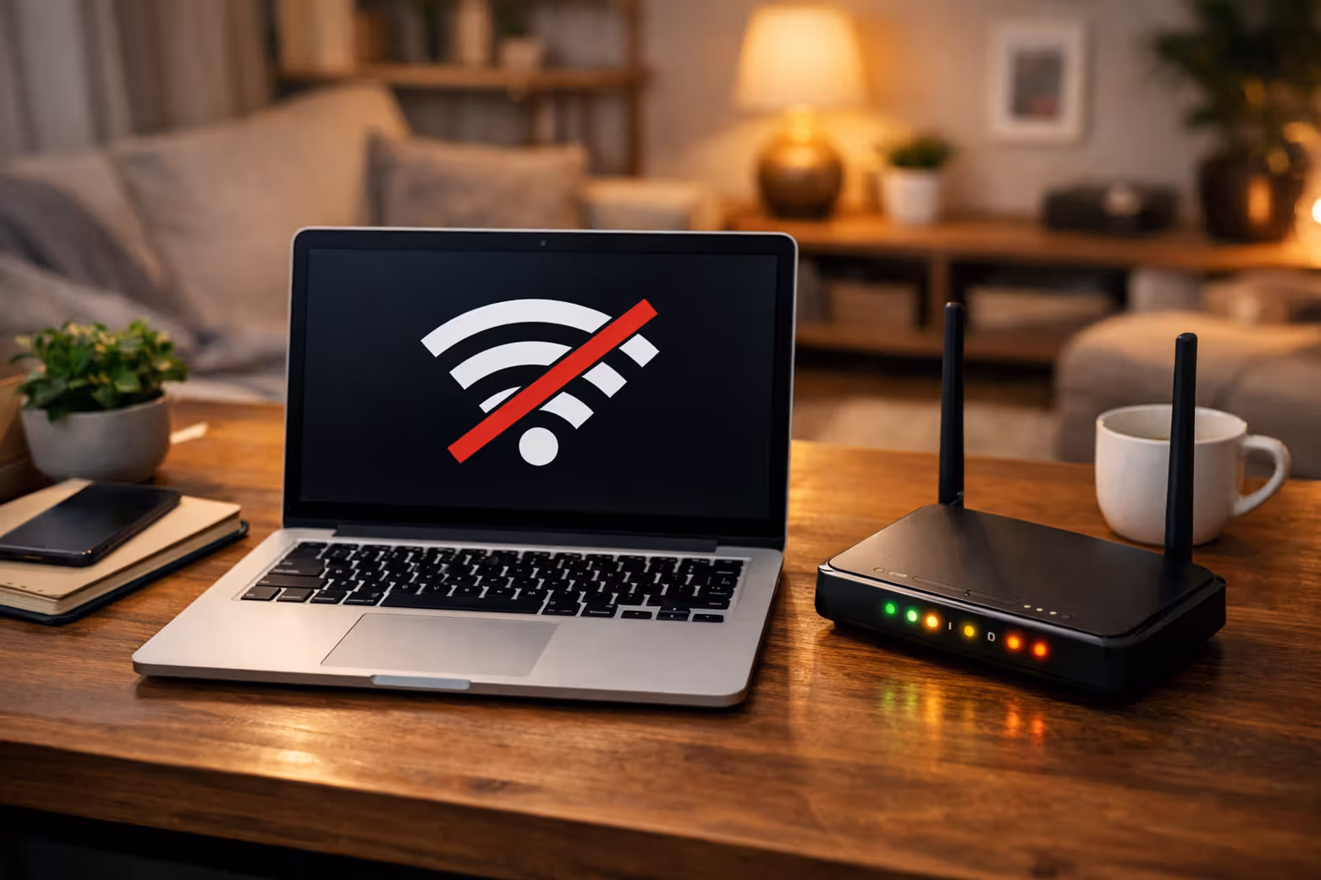 Laptop on home desk showing no internet connection icon next to an Xfinity modem with blinking LED lights