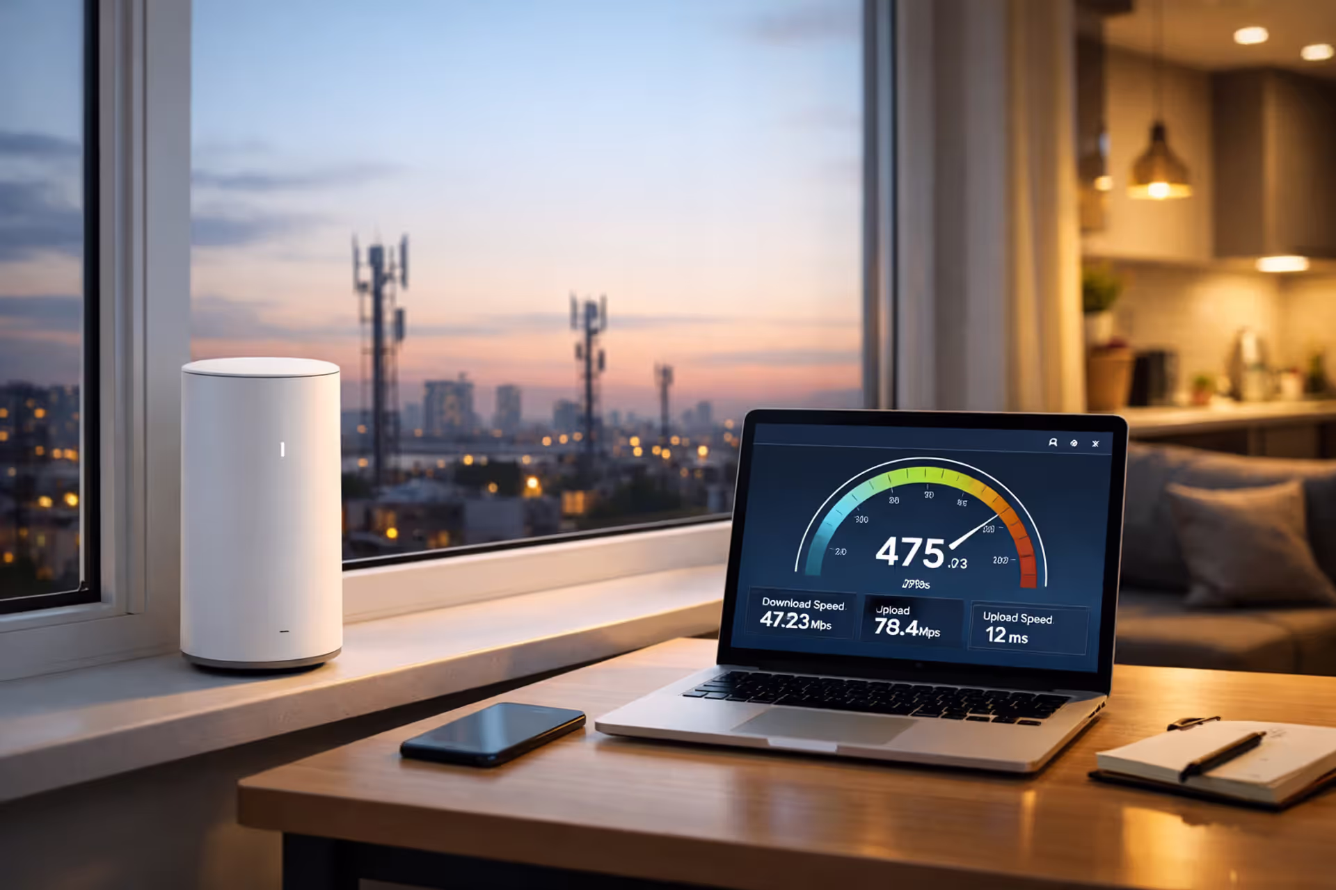 Modern apartment with 5G home internet gateway on windowsill overlooking city skyline with cell towers in the distance, laptop showing speed test on nearby desk