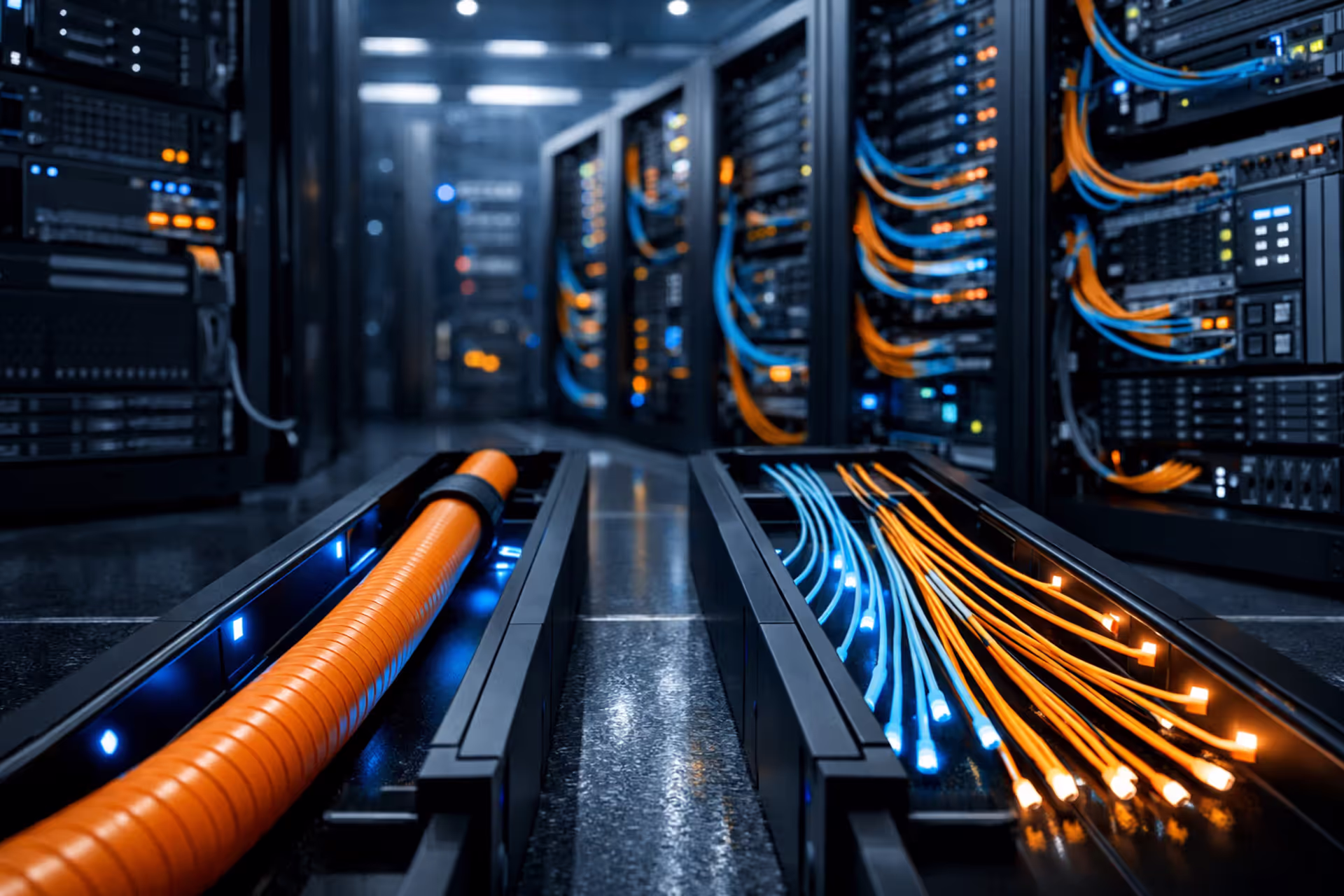 Fiber optic cables in a modern server room showing dedicated single connection versus shared split connection architecture