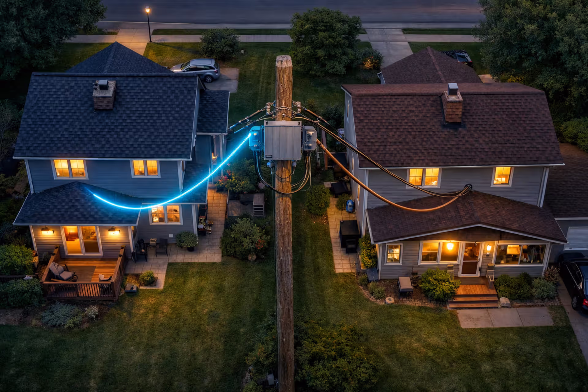 Suburban neighborhood at dusk showing two neighboring houses with different internet connections — one with glowing fiber optic cable and another with old copper wire from the same utility pole