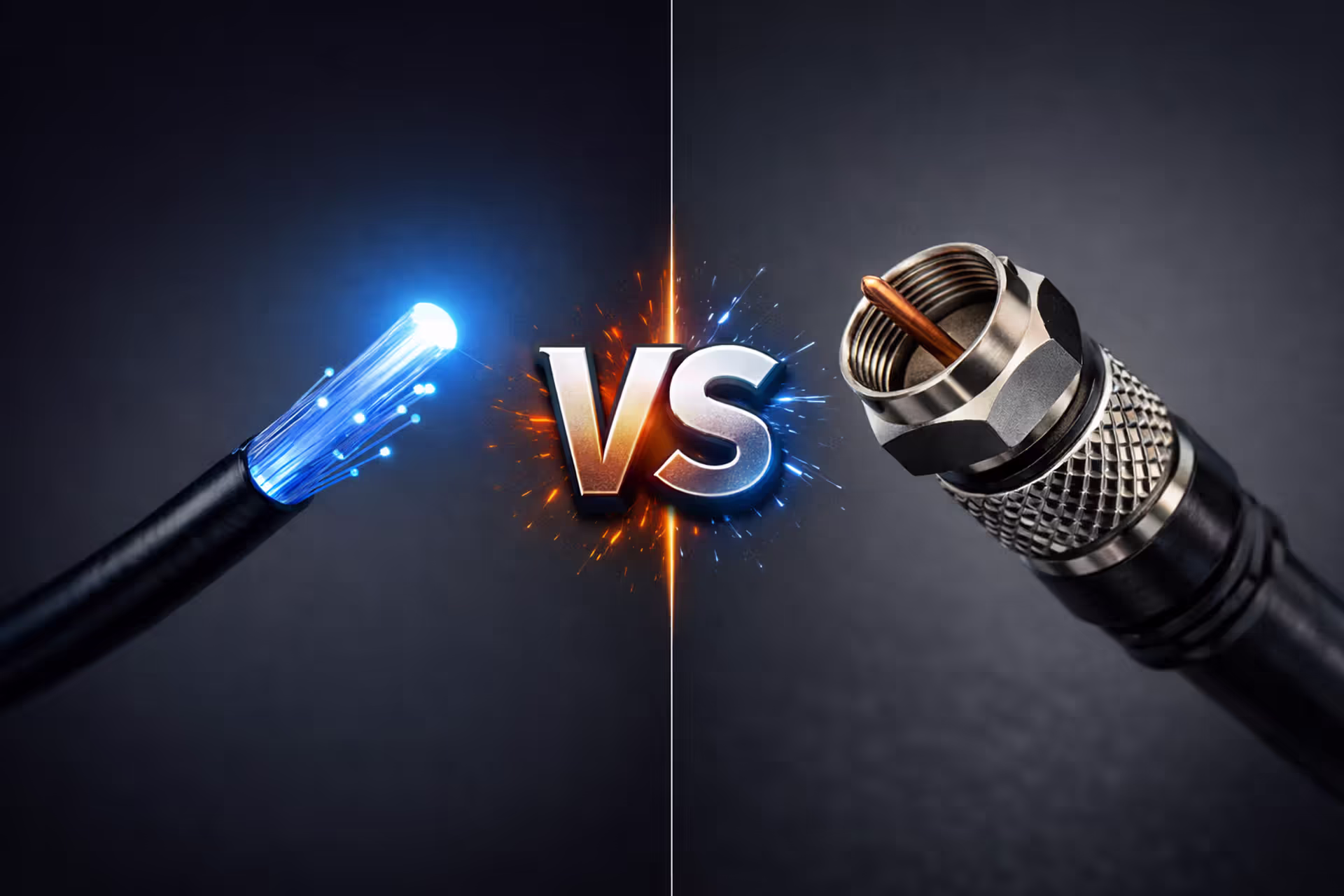 Fiber optic cable glowing blue on the left versus coaxial copper cable on the right with VS symbol in the center on dark gray background
