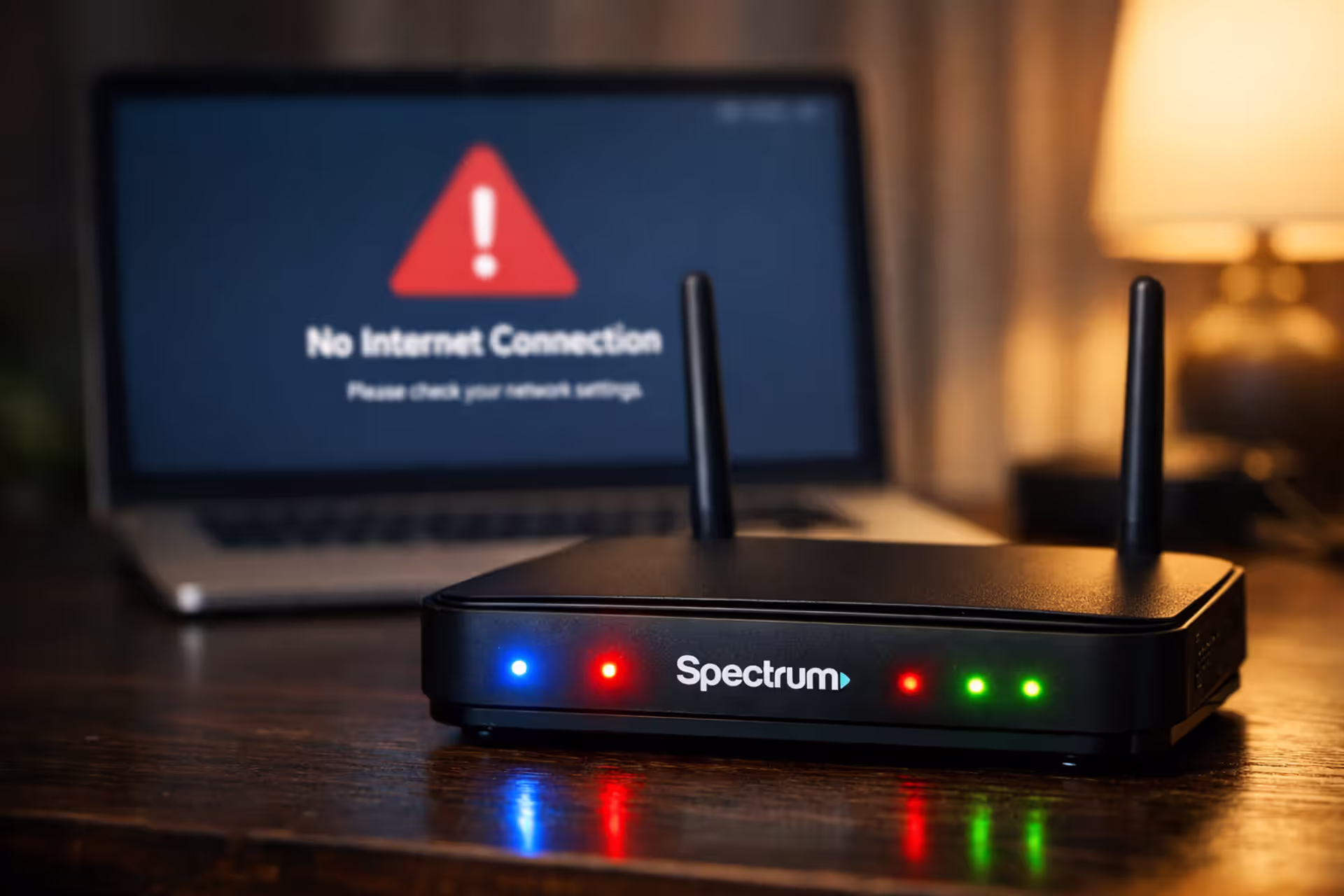 Spectrum modem with blinking LED lights on a desk next to a laptop showing a connection error screen in dim evening lighting