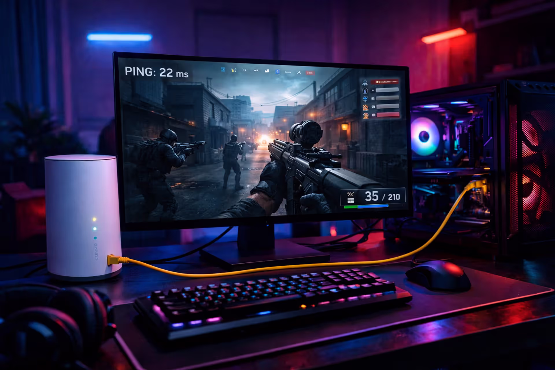 A modern gaming setup with a glowing monitor displaying a multiplayer game ping indicator next to a white 5G home internet gateway device in a dimly lit room with neon ambient lighting