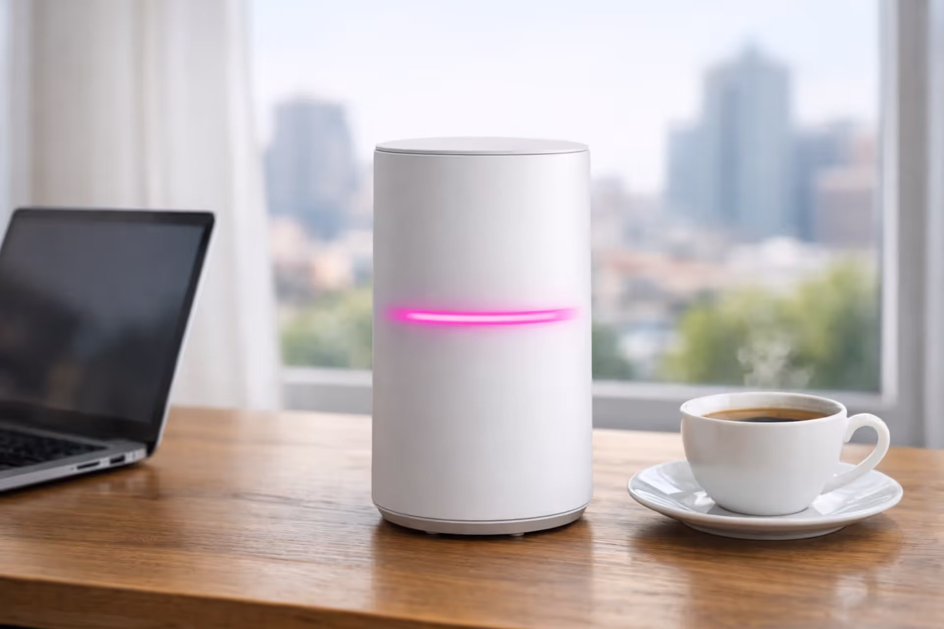 T-Mobile 5G home internet white gateway device on a wooden desk near a window in a bright modern living room with a laptop and coffee cup nearbyT-Mobile 5G home internet white gateway device on a wooden desk near a window in a bright modern living room with a laptop and coffee cup nearby
