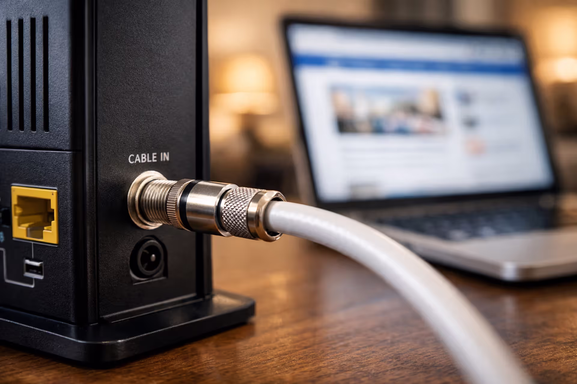 Close-up of a coaxial cable connected to a cable modem on a desk in a modern home with a laptop in the background