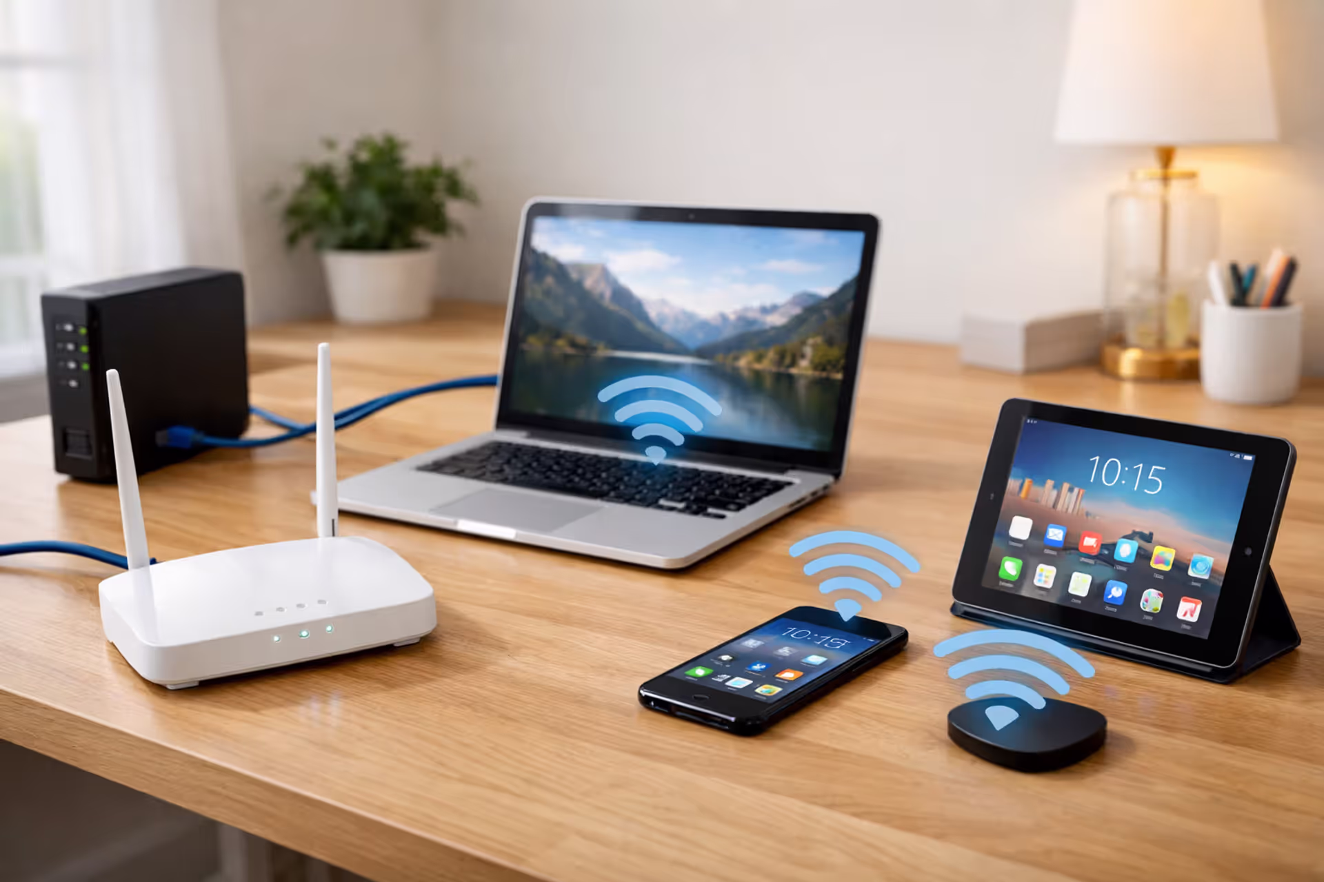 Modern home desk with a WiFi router connected to a modem via Ethernet cable, laptop, smartphone, and tablet nearby with WiFi signal waves, clean minimalist interior