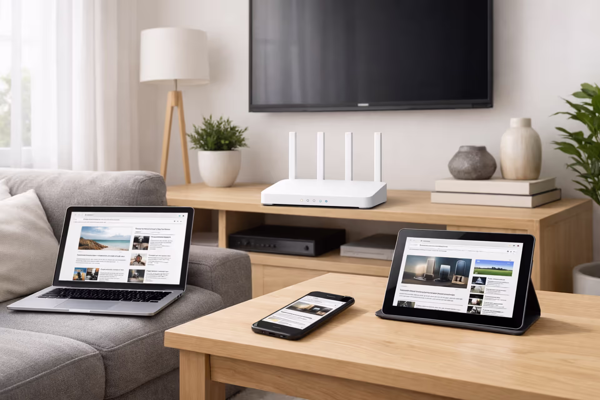 Modern living room with a white WiFi router on a central shelf surrounded by a laptop, smartphone, and tablet with loaded web pages, bright natural daylight