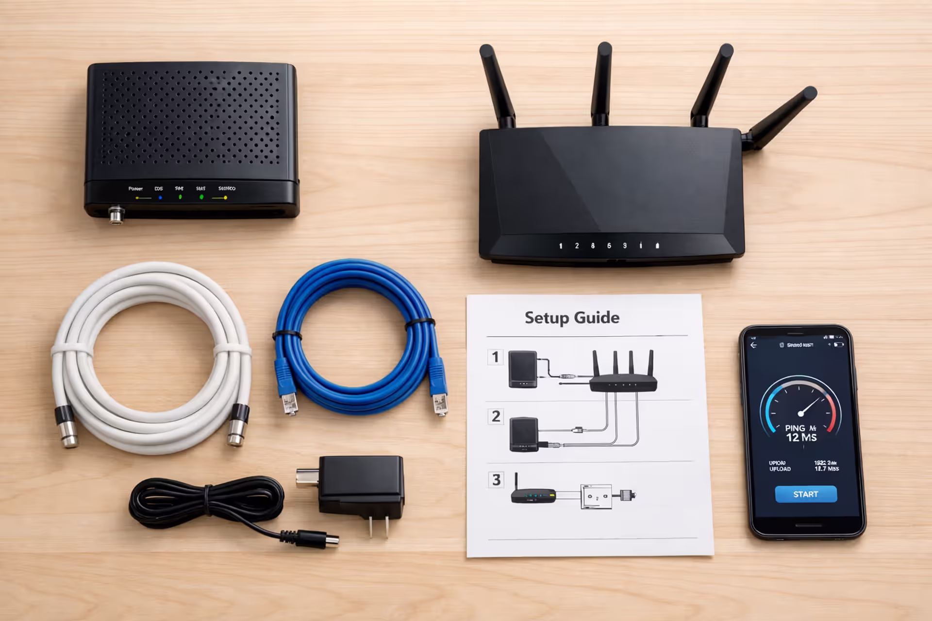 Flat lay of home internet self-installation kit on a desk including cable modem, router, coaxial cable, Ethernet cable, power adapter, and smartphone showing speed test