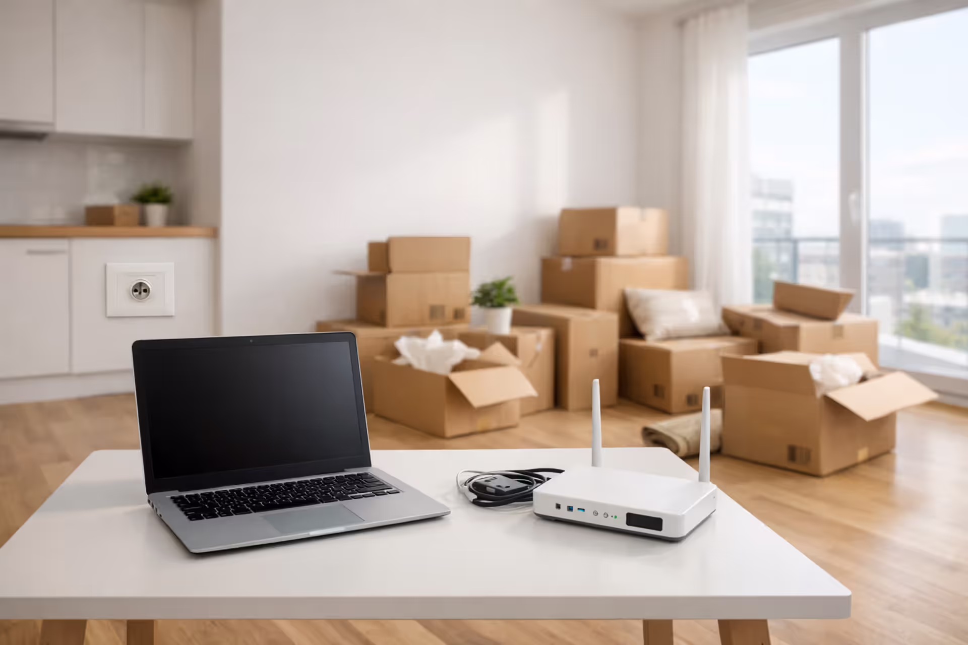 Empty modern apartment with moving boxes, laptop on desk and Wi-Fi router ready to be set up near a coaxial wall outlet