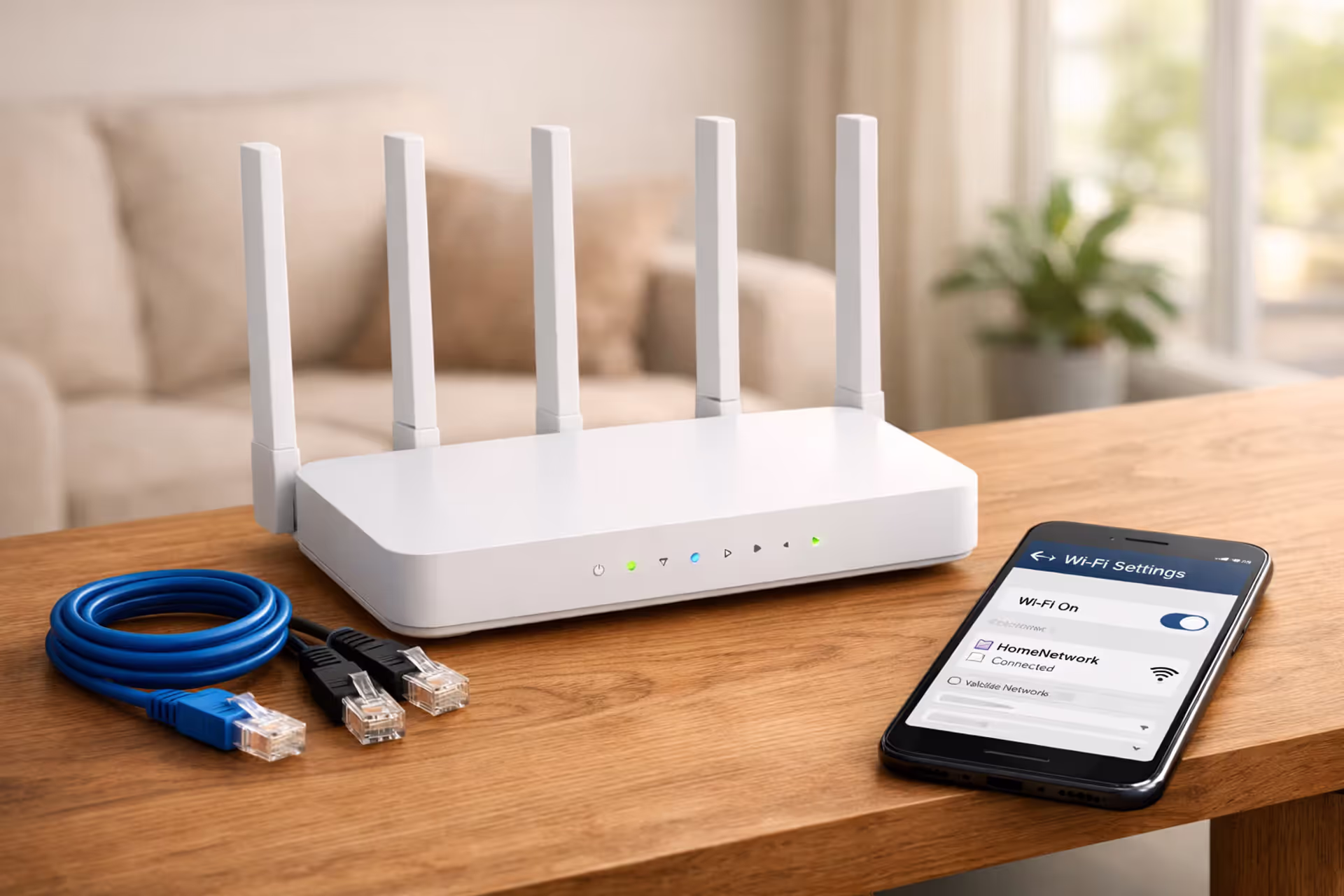 Modern white WiFi router on a wooden shelf in a bright living room with Ethernet cables and a smartphone showing WiFi settings nearby