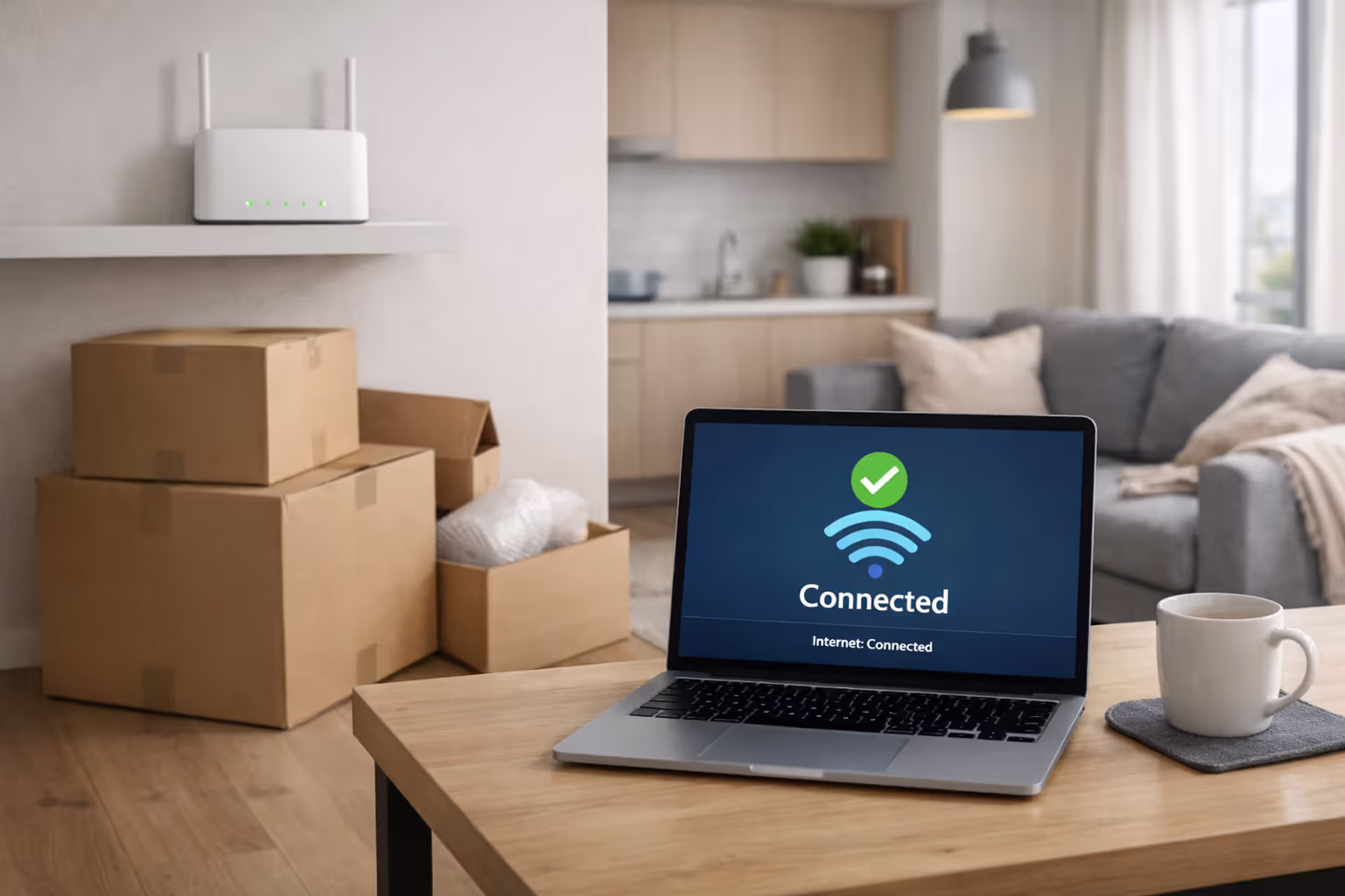 Modern apartment with WiFi router on high shelf, moving boxes on floor, and laptop showing internet connection on desk