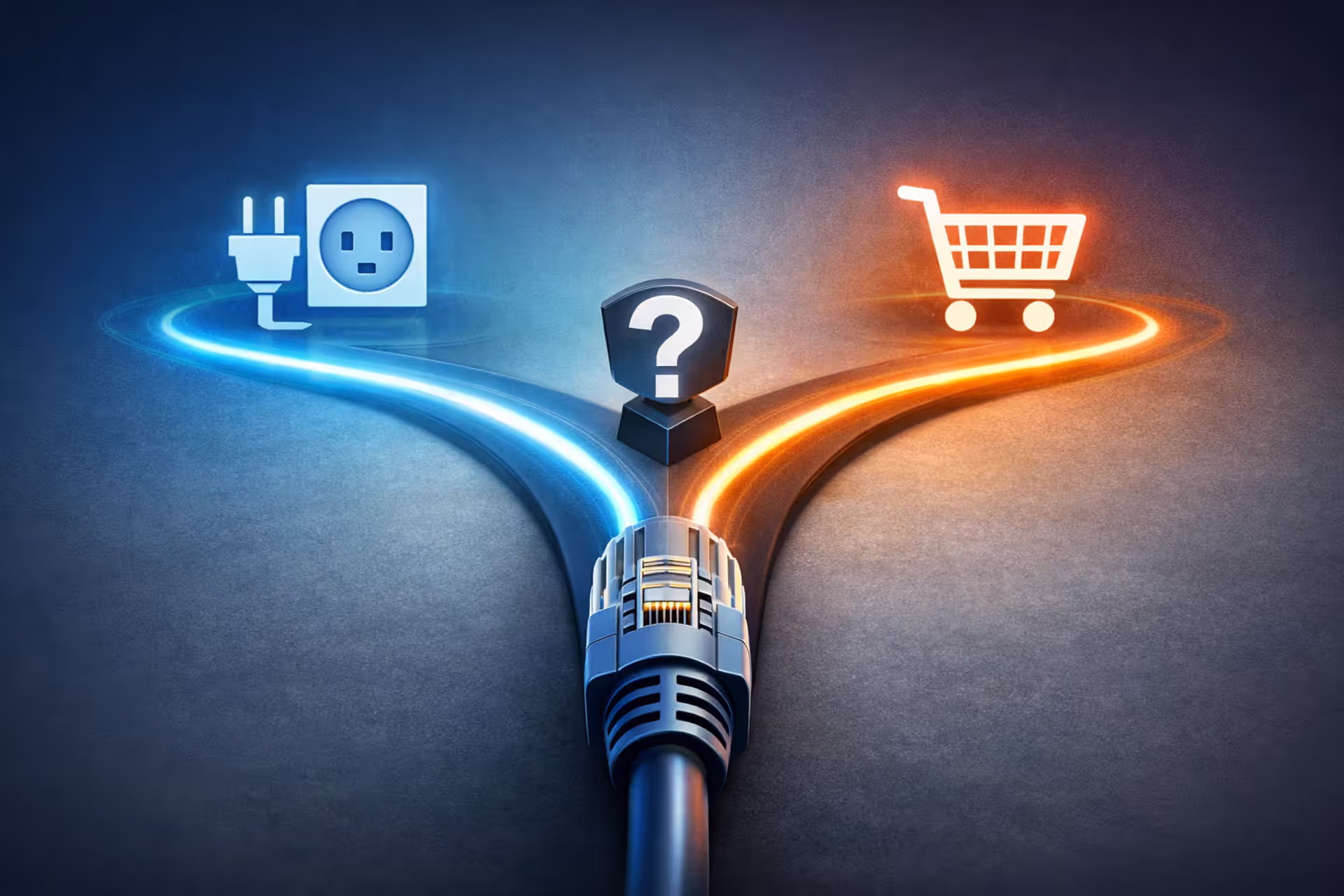Ethernet cable splitting into two paths: one leading to a utility power plug symbol and the other to a shopping cart icon, representing the broadband classification debate