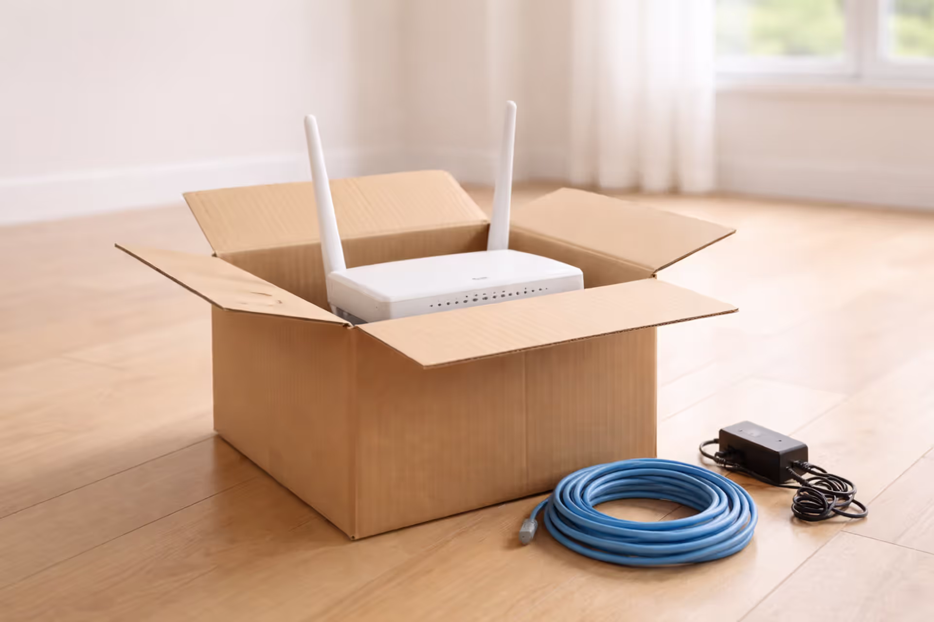 White WiFi router sticking out of a cardboard moving box with ethernet cable in an empty new house room