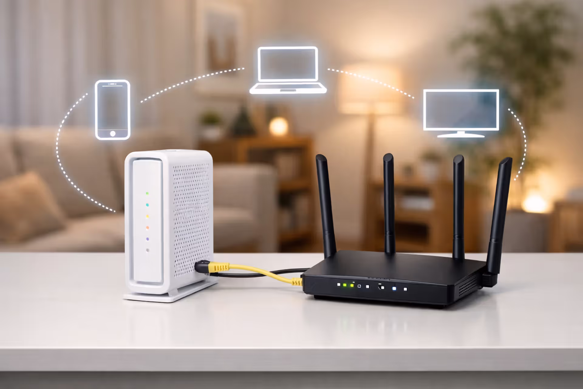 A white cable modem and a black WiFi router with antennas connected by an Ethernet cable on a clean desk in a modern living room with device icons around them