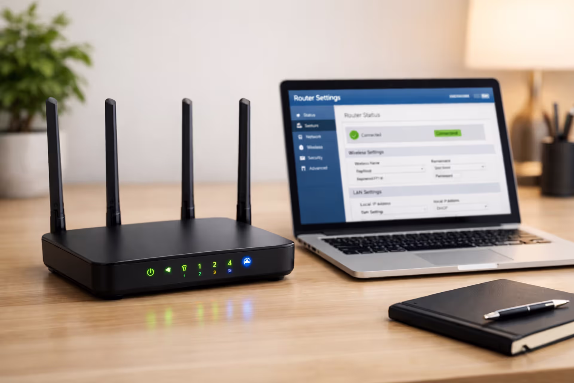 Modern WiFi router with glowing LED indicators on a clean desk next to a laptop showing router admin panel interface in a home office setting