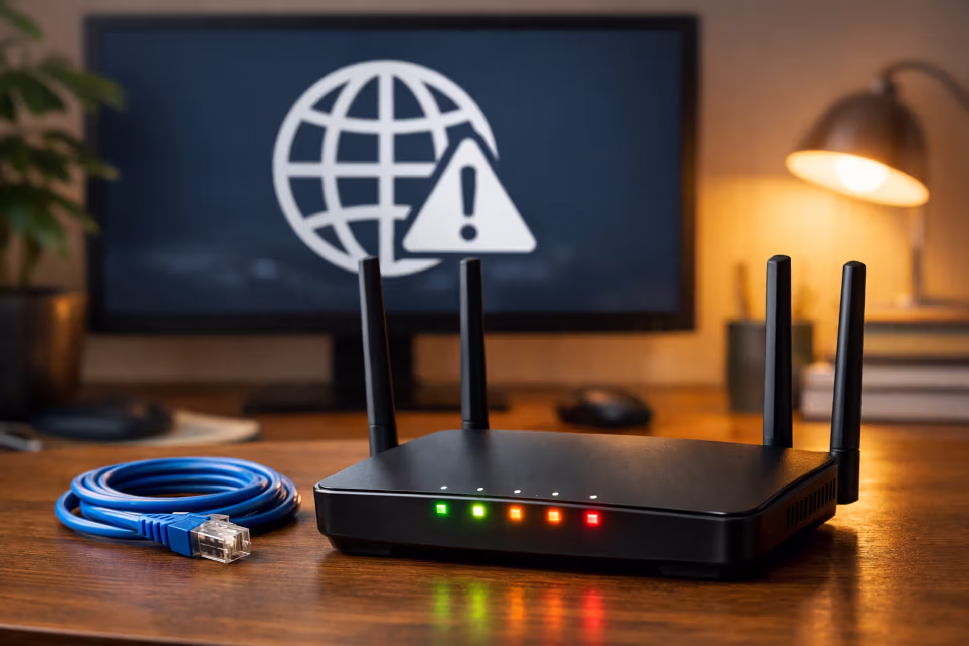 Home office desk with a modern Wi-Fi router showing blinking LED status lights and a computer monitor displaying a no internet connection icon