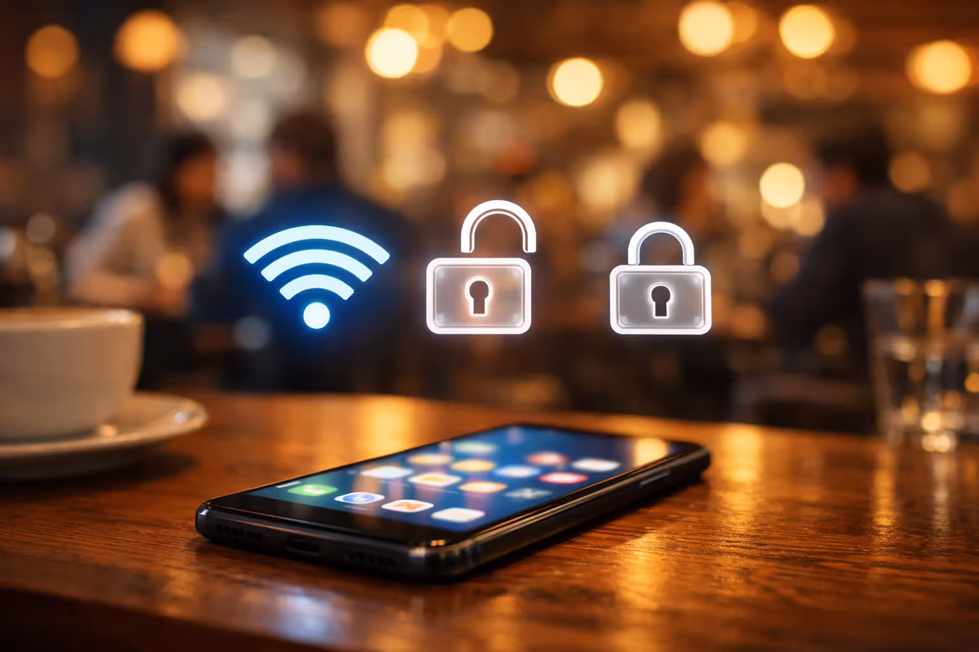 Smartphone on a cafe table with WiFi signal icons and security lock symbols floating above the screen, blurred people in the background