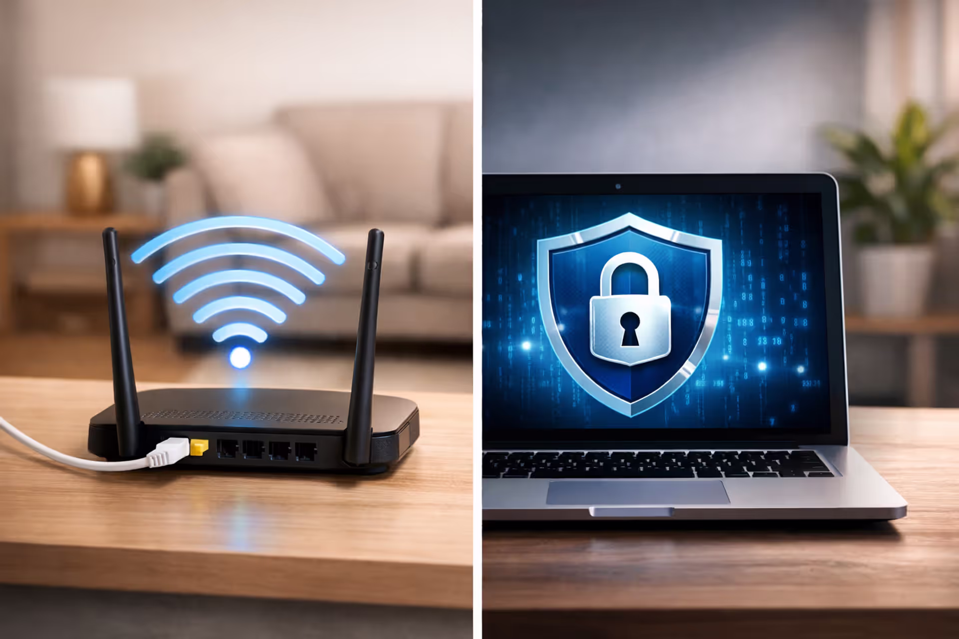 Split-screen illustration showing a WiFi router emitting radio waves on the left side and a laptop screen displaying a VPN shield lock icon on the right side, separated by a clear dividing line in a modern home setting