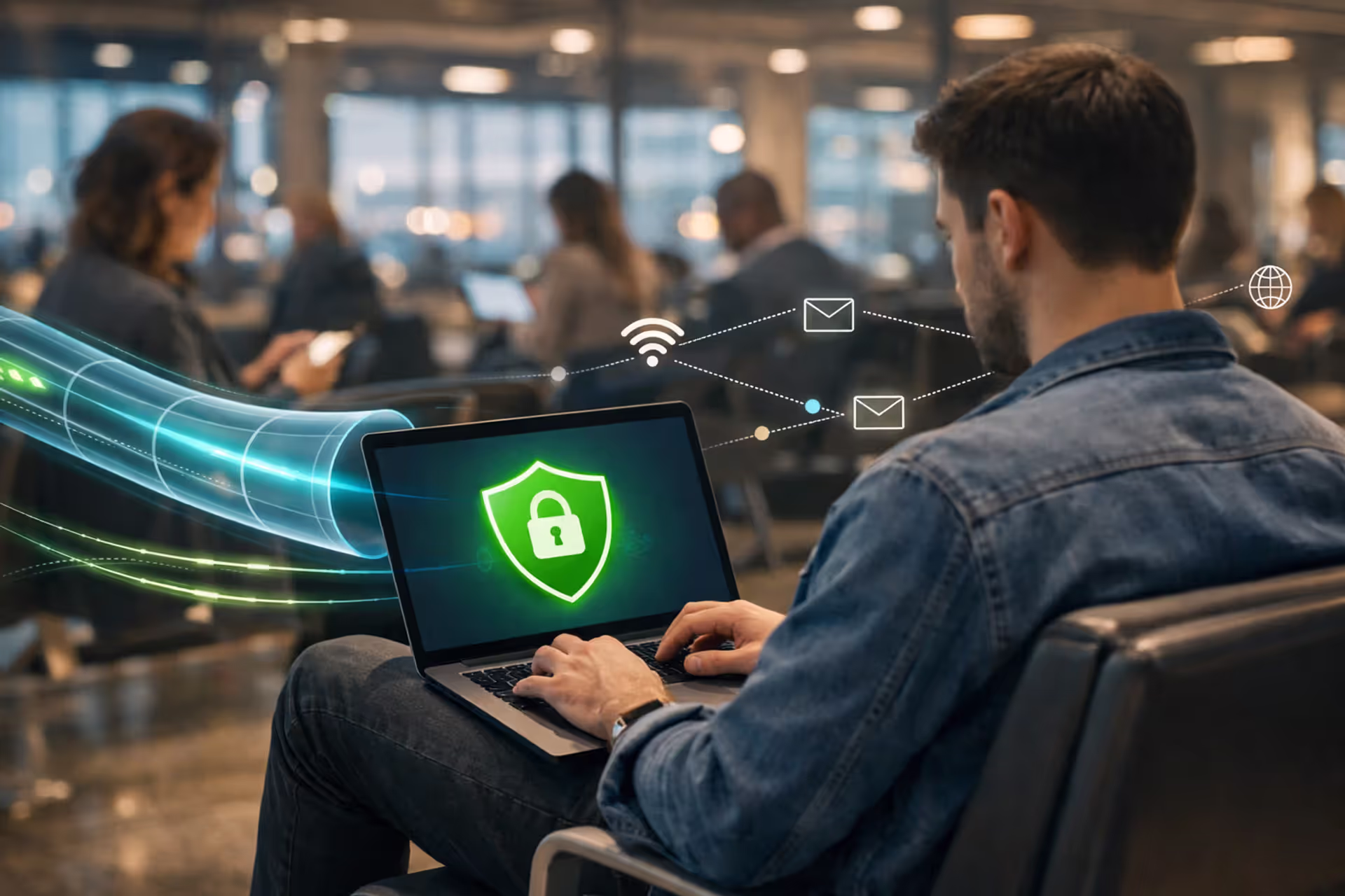 Person using laptop with VPN shield icon in airport lounge surrounded by data streams showing encrypted and unencrypted connections