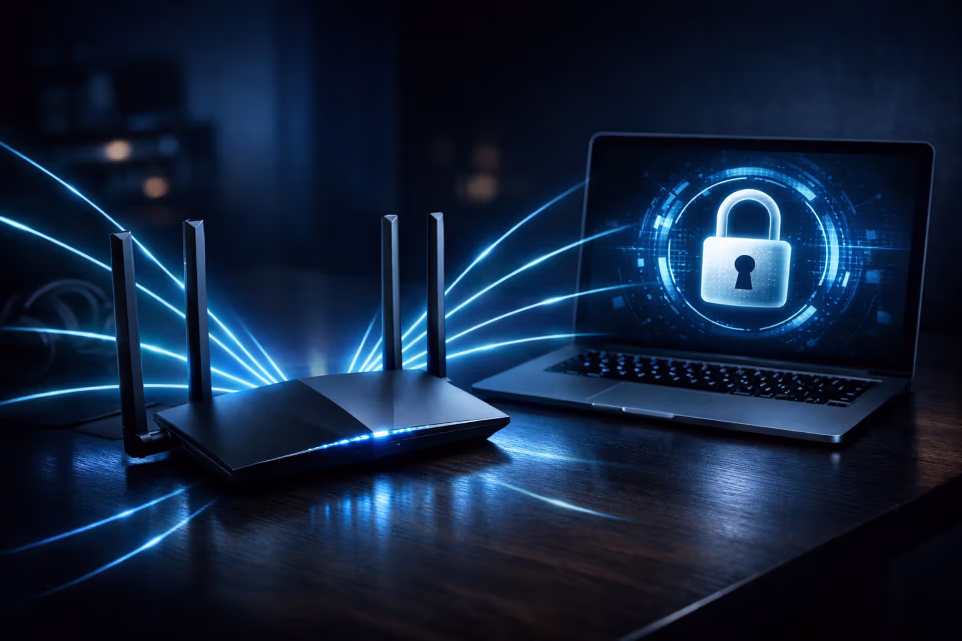Modern WiFi router on a desk in a dimly lit room with glowing signal waves and a laptop showing a security lock icon