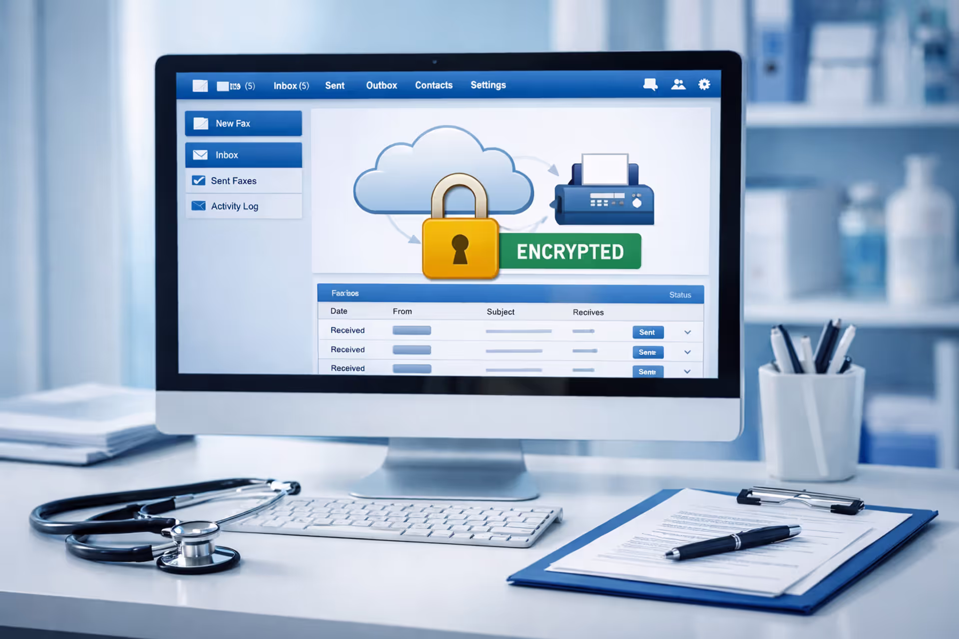Secure online fax service interface on a computer monitor in a medical office with stethoscope and document folder on the desk