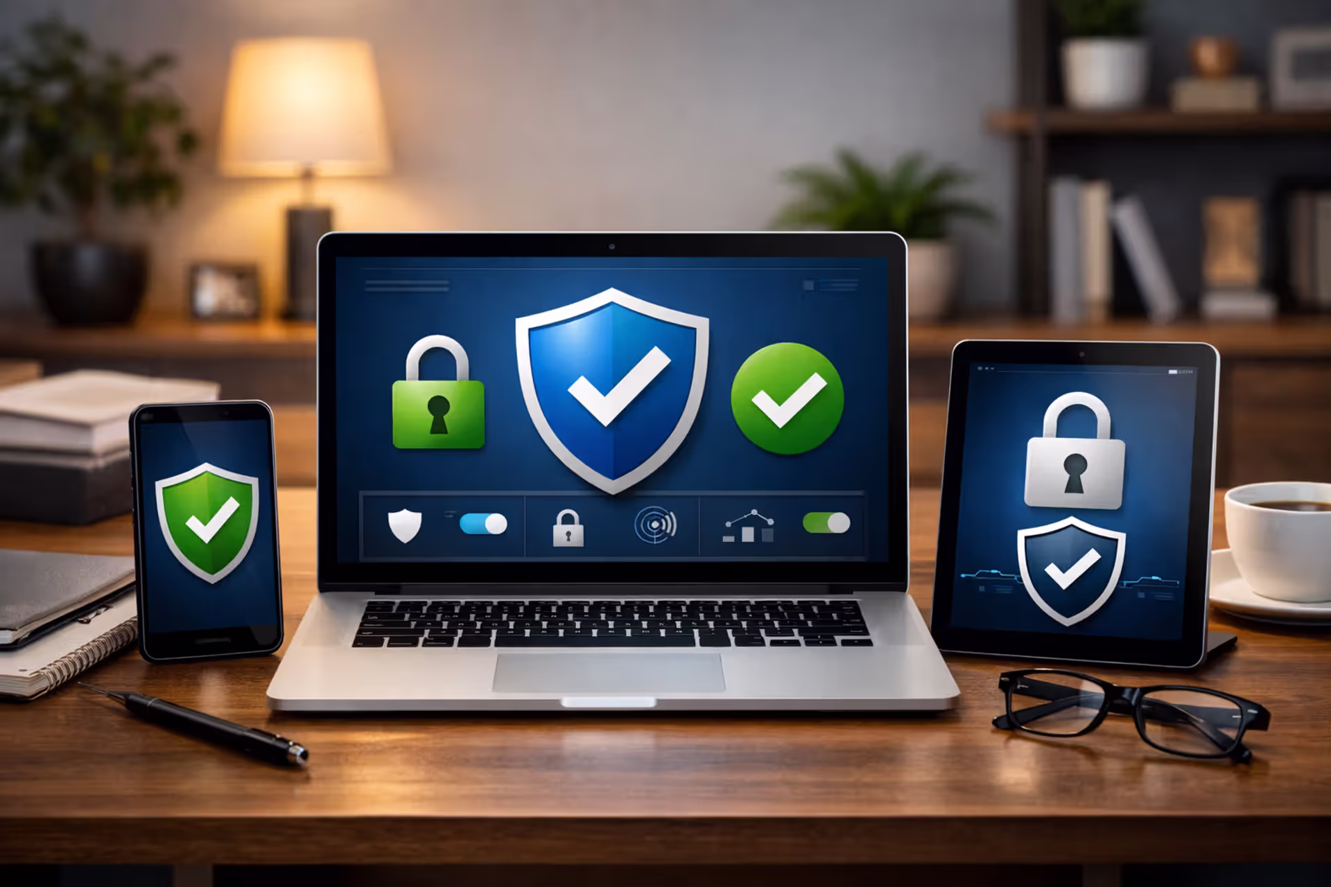 Laptop, smartphone and tablet on a desk displaying security software interface with shield and lock icons in a modern home office