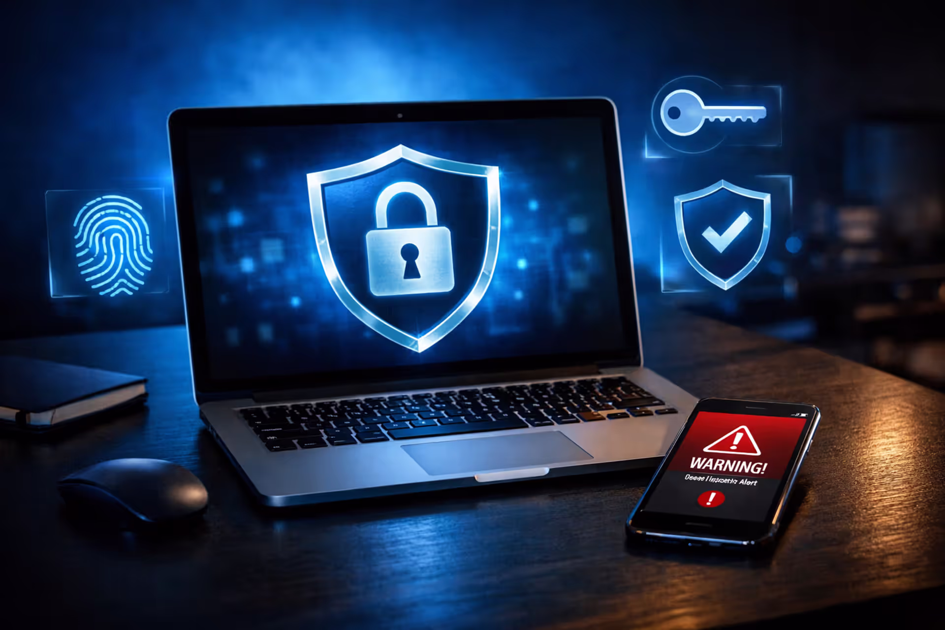 Dark desk with laptop showing digital shield and lock icon, smartphone with security alert notification, blue ambient glow, cybersecurity concept