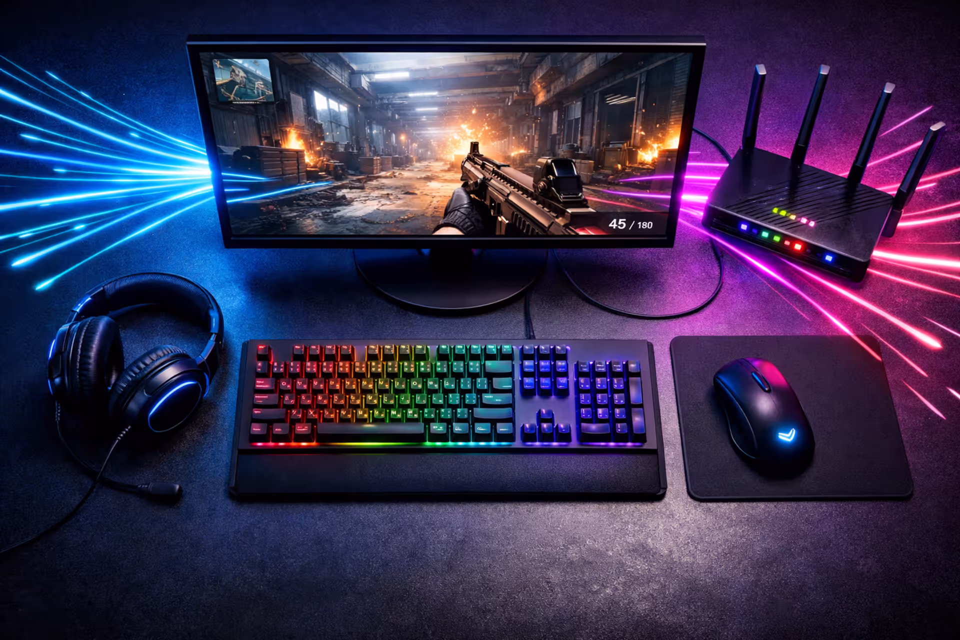 Top-down view of a gaming setup with monitor showing FPS game, RGB keyboard, mouse, headset, and a Wi-Fi router with glowing indicators connected by neon data stream lines on a dark blue-purple background