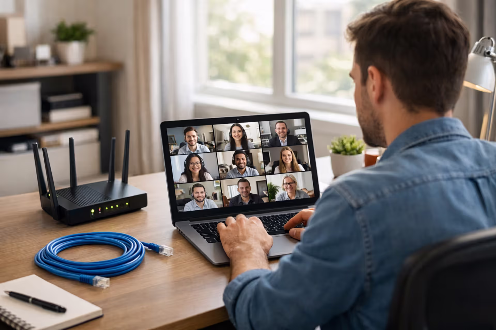 A modern home office setup with a laptop showing a video conference call in gallery view, a WiFi router with blinking lights, and an ethernet cable on the desk, bathed in soft natural daylight