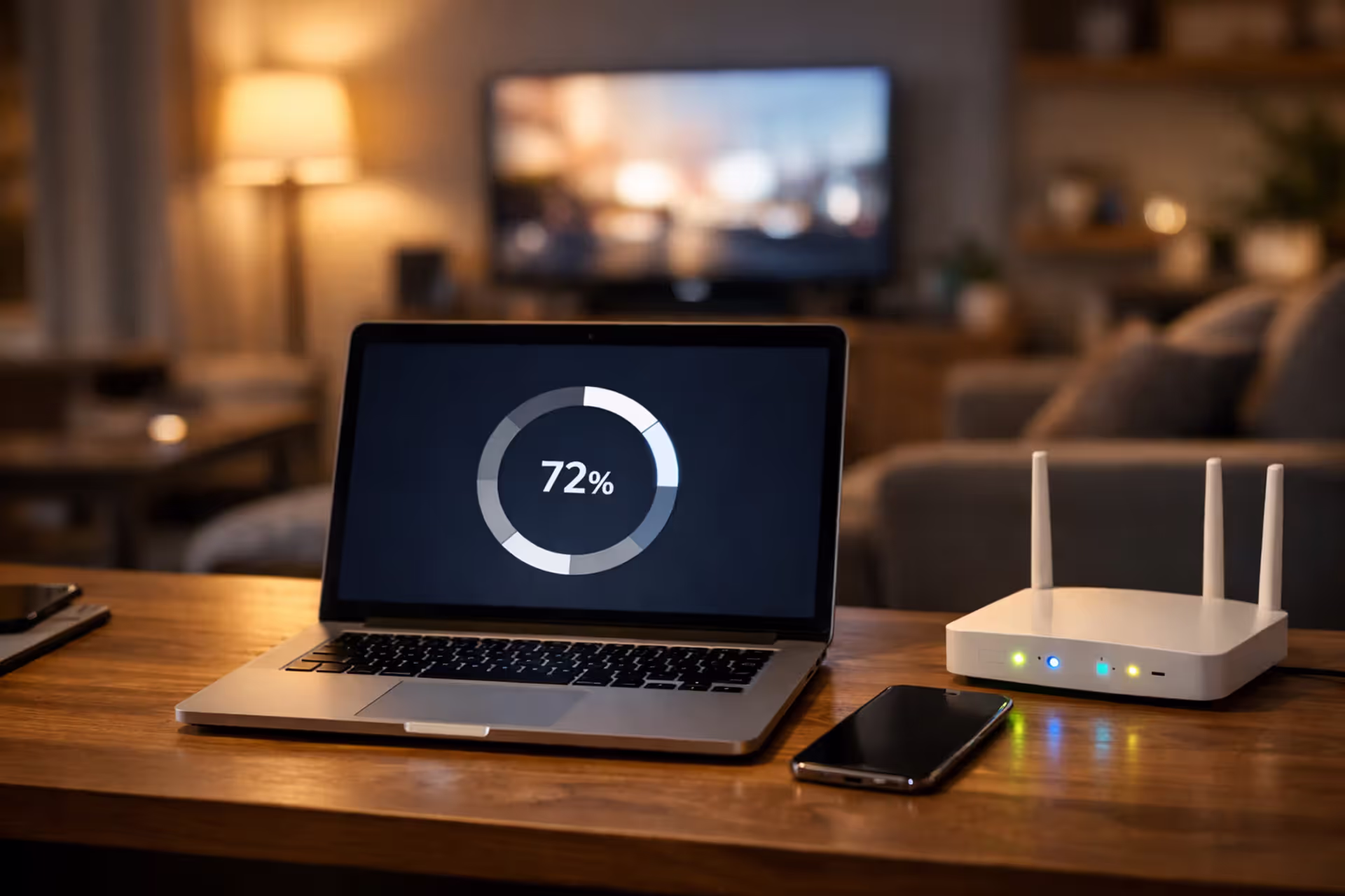 Laptop showing loading indicator on desk next to WiFi router in modern living room with evening lighting